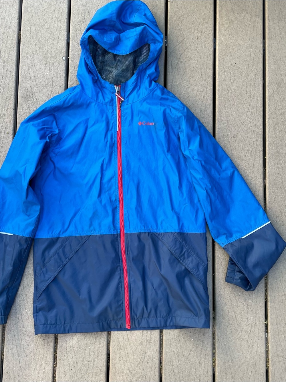 Columbia Blue and Navy Hooded Colorblock Kids Raincoat with Red Zip